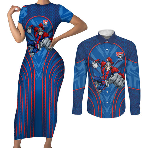 Newcastle Knights Rugby Mascot Couples Matching Short Sleeve Bodycon Dress and Long Sleeve Button Shirt Australian Rugby Culture - Tribal Inspired Knight Warrior