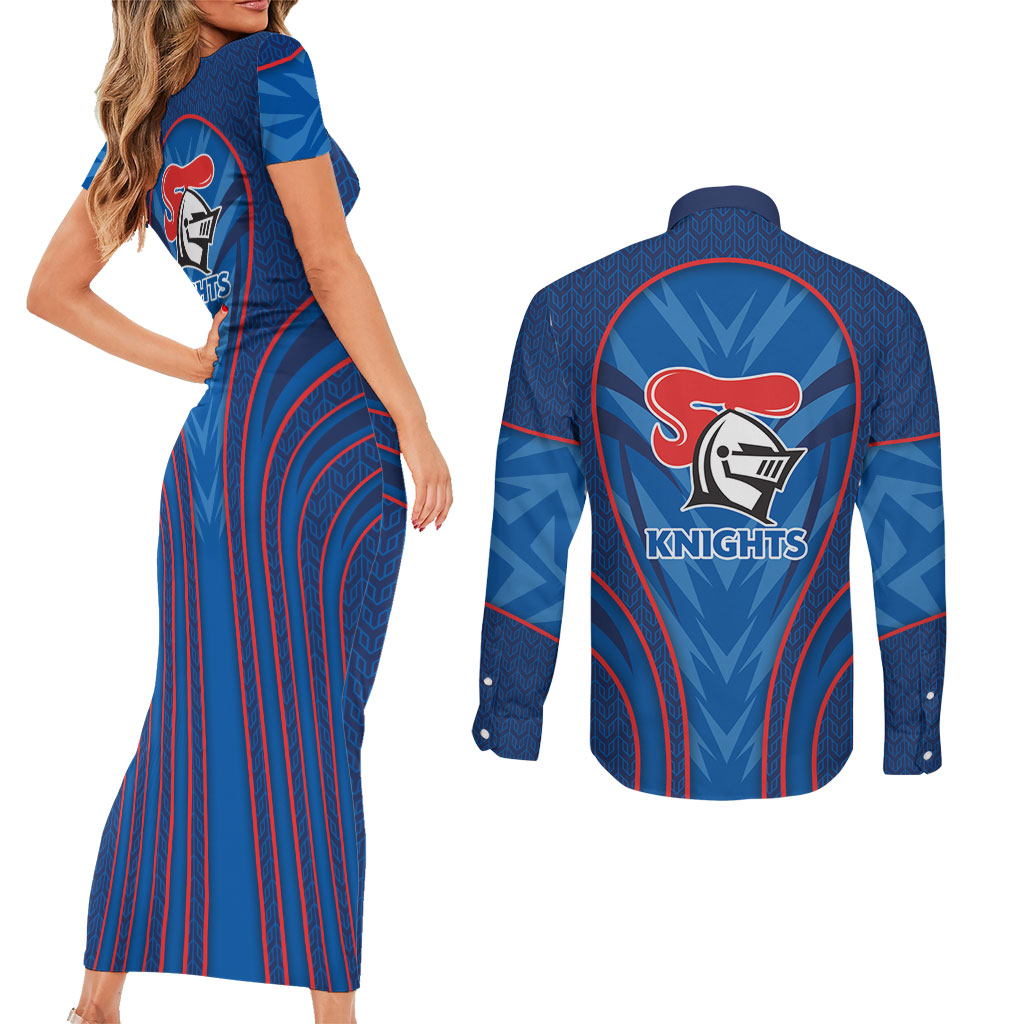 Newcastle Knights Rugby Mascot Couples Matching Short Sleeve Bodycon Dress and Long Sleeve Button Shirt Australian Rugby Culture - Tribal Inspired Knight Warrior