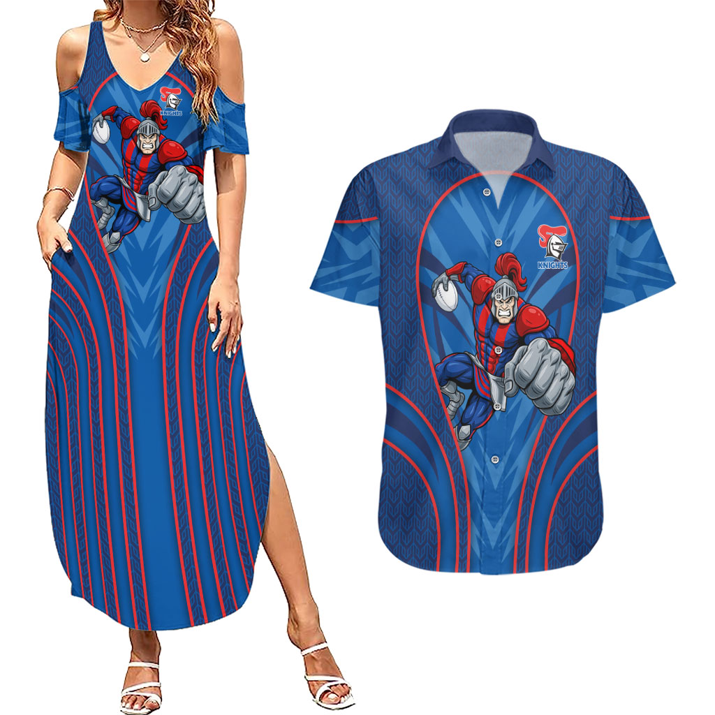 Newcastle Knights Rugby Mascot Couples Matching Summer Maxi Dress and Hawaiian Shirt Australian Rugby Culture - Tribal Inspired Knight Warrior