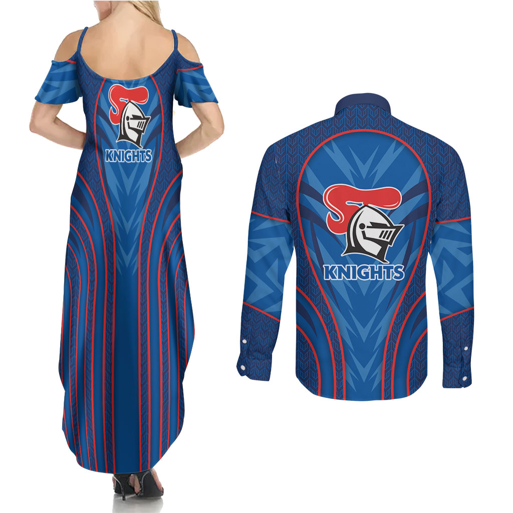 Newcastle Knights Rugby Mascot Couples Matching Summer Maxi Dress and Long Sleeve Button Shirt Australian Rugby Culture - Tribal Inspired Knight Warrior