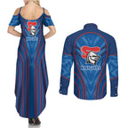 Newcastle Knights Rugby Mascot Couples Matching Summer Maxi Dress and Long Sleeve Button Shirt Australian Rugby Culture - Tribal Inspired Knight Warrior