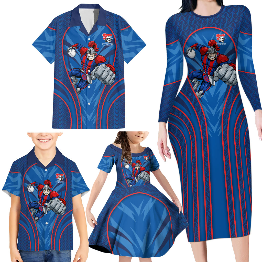 Newcastle Knights Rugby Mascot Family Matching Long Sleeve Bodycon Dress and Hawaiian Shirt Australian Rugby Culture - Tribal Inspired Knight Warrior