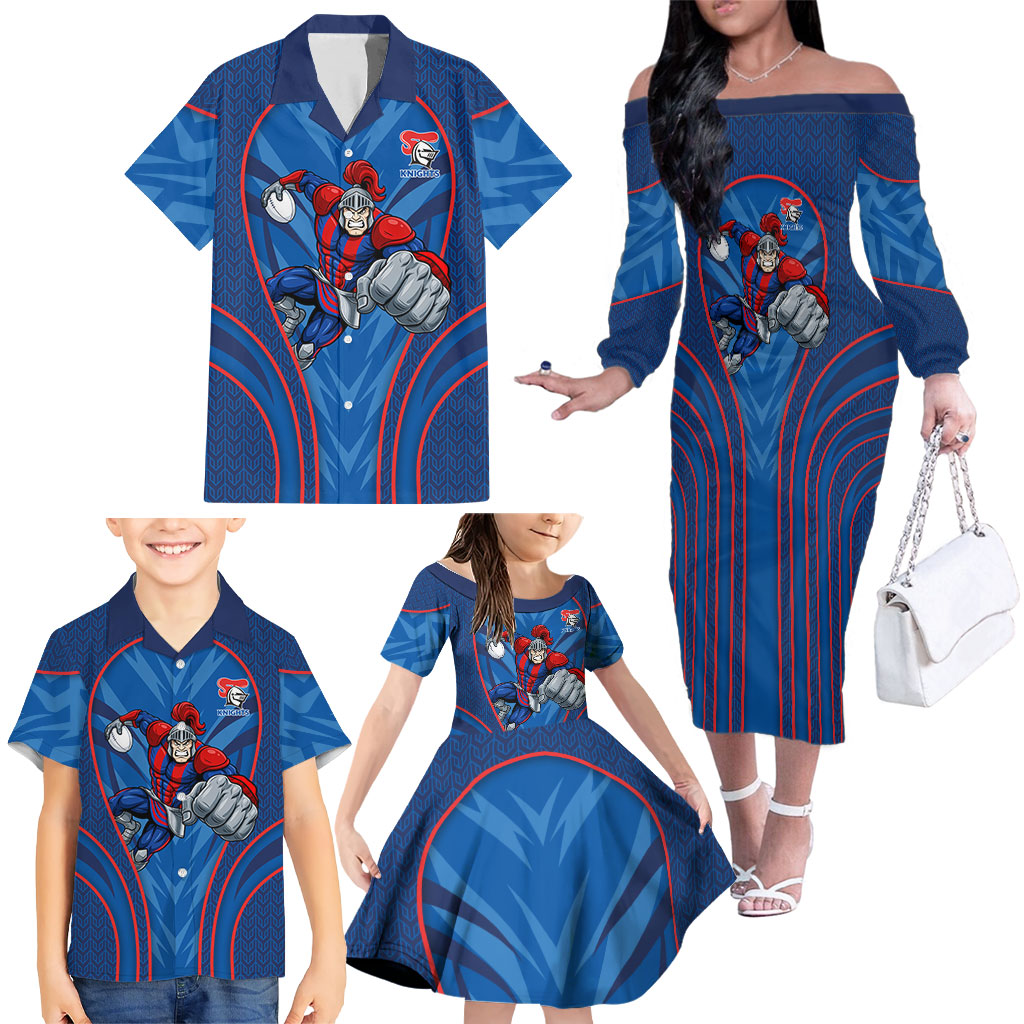 Newcastle Knights Rugby Mascot Family Matching Off The Shoulder Long Sleeve Dress and Hawaiian Shirt Australian Rugby Culture - Tribal Inspired Knight Warrior