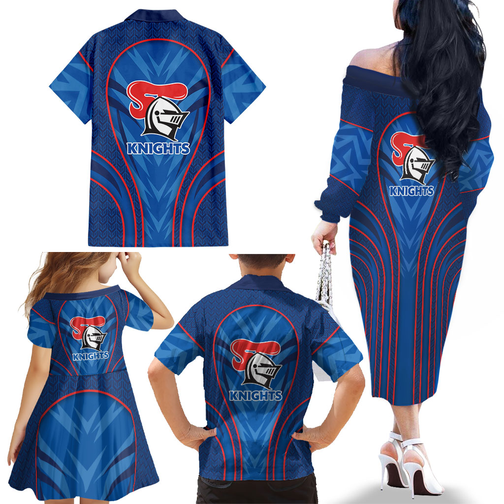 Newcastle Knights Rugby Mascot Family Matching Off The Shoulder Long Sleeve Dress and Hawaiian Shirt Australian Rugby Culture - Tribal Inspired Knight Warrior