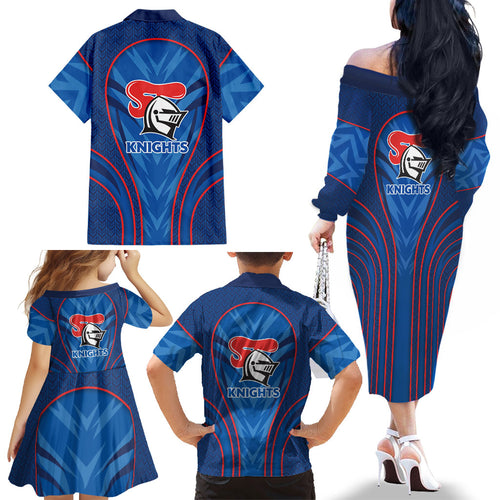 Newcastle Knights Rugby Mascot Family Matching Off The Shoulder Long Sleeve Dress and Hawaiian Shirt Australian Rugby Culture - Tribal Inspired Knight Warrior