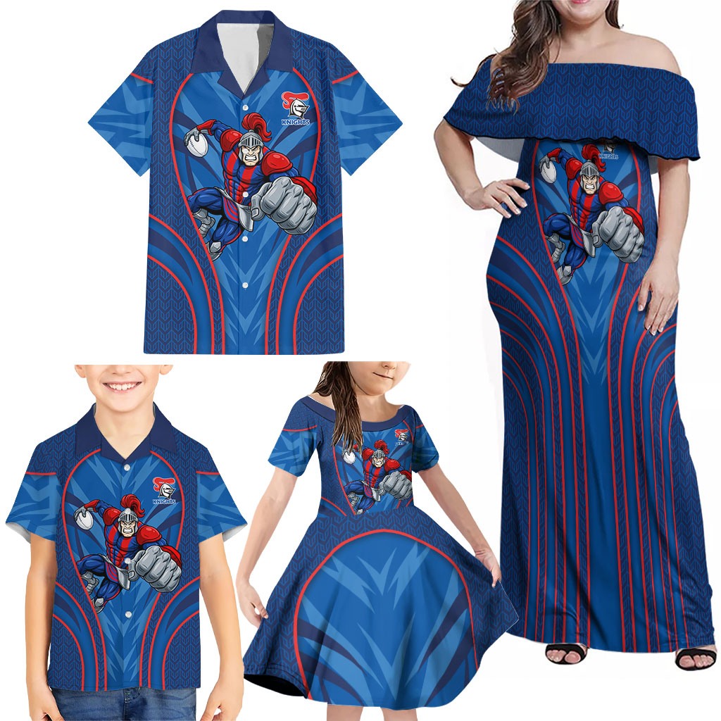 Newcastle Knights Rugby Mascot Family Matching Off Shoulder Maxi Dress and Hawaiian Shirt Australian Rugby Culture - Tribal Inspired Knight Warrior
