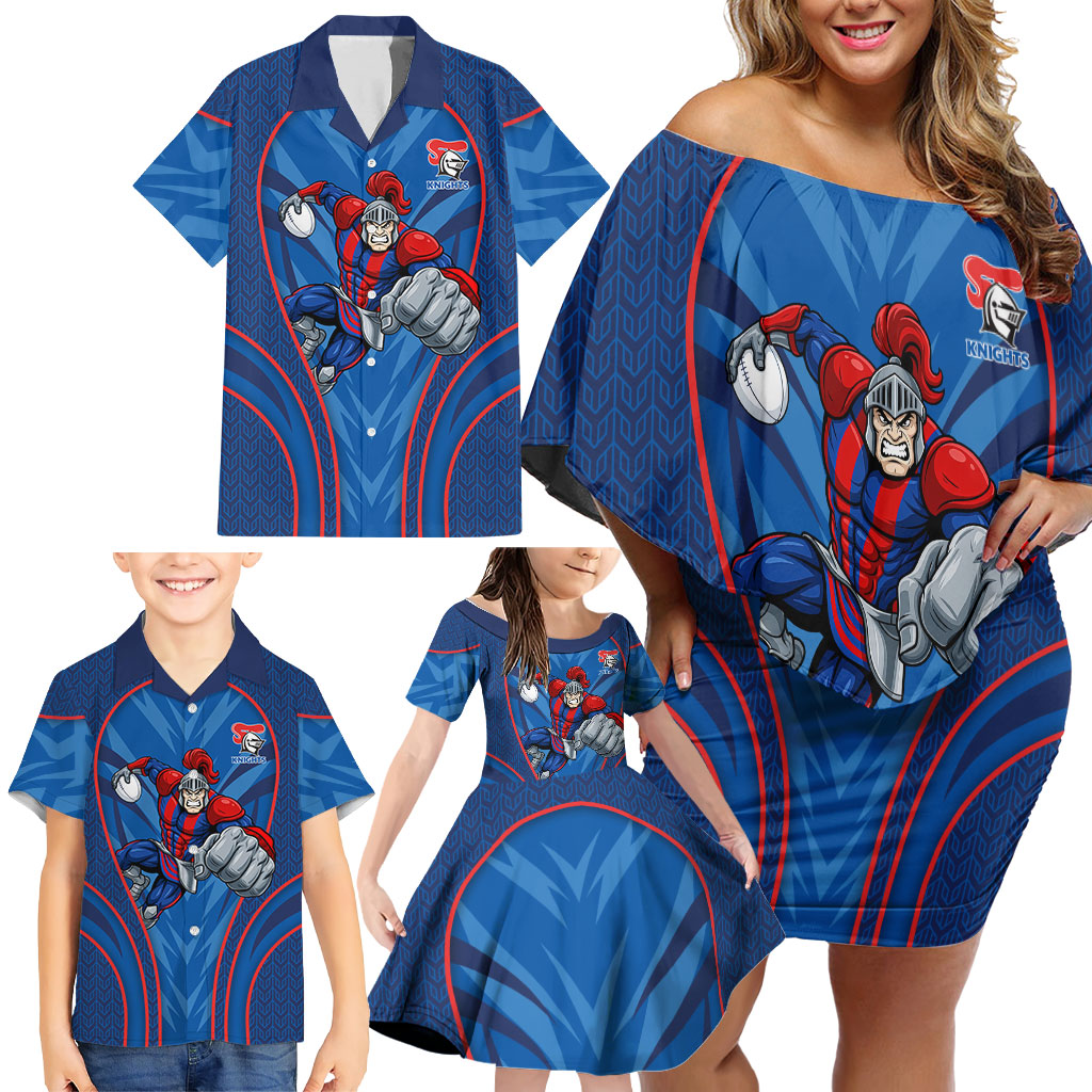 Newcastle Knights Rugby Mascot Family Matching Off Shoulder Short Dress and Hawaiian Shirt Australian Rugby Culture - Tribal Inspired Knight Warrior