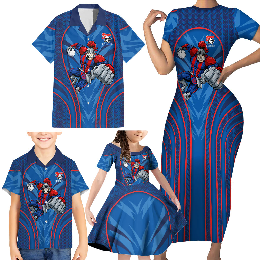 Newcastle Knights Rugby Mascot Family Matching Short Sleeve Bodycon Dress and Hawaiian Shirt Australian Rugby Culture - Tribal Inspired Knight Warrior