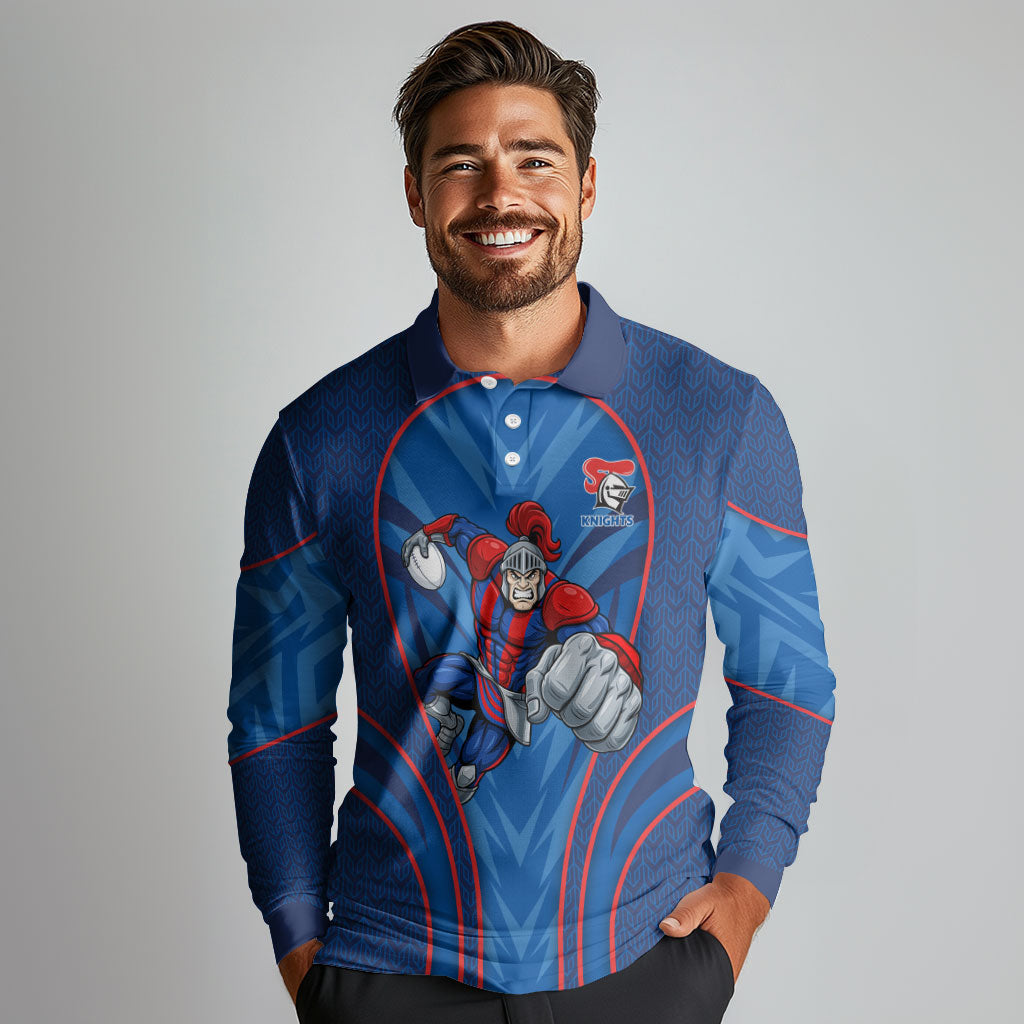 Newcastle Knights Rugby Mascot Long Sleeve Polo Shirt Australian Rugby Culture - Tribal Inspired Knight Warrior