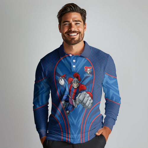 Newcastle Knights Rugby Mascot Long Sleeve Polo Shirt Australian Rugby Culture - Tribal Inspired Knight Warrior