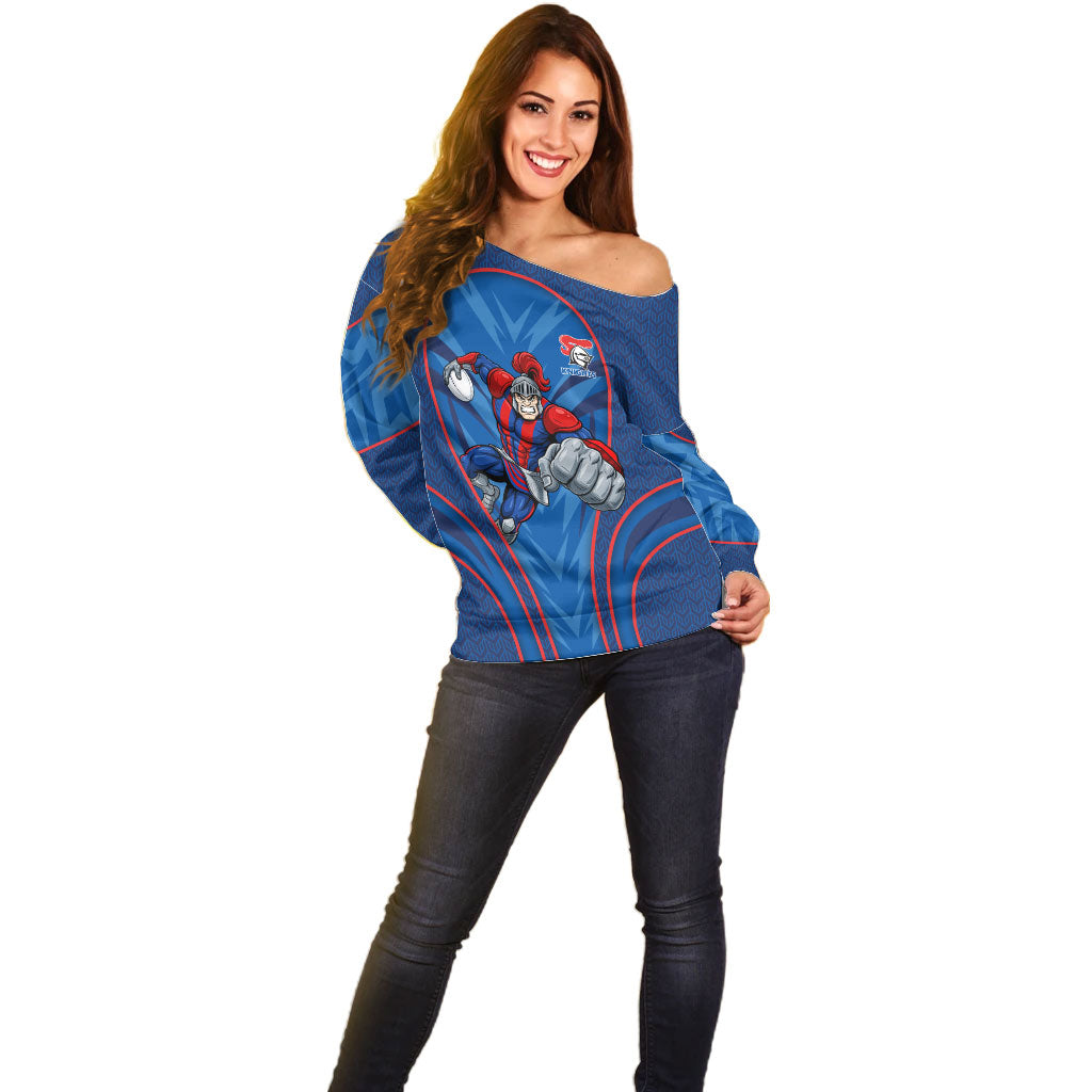 Newcastle Knights Rugby Mascot Off Shoulder Sweater Australian Rugby Culture - Tribal Inspired Knight Warrior