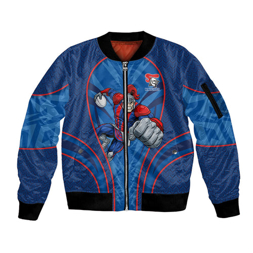 Newcastle Knights Rugby Mascot Sleeve Zip Bomber Jacket Australian Rugby Culture - Tribal Inspired Knight Warrior