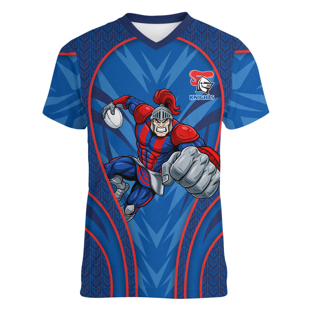 Newcastle Knights Rugby Mascot Women V-Neck T-Shirt Australian Rugby Culture - Tribal Inspired Knight Warrior