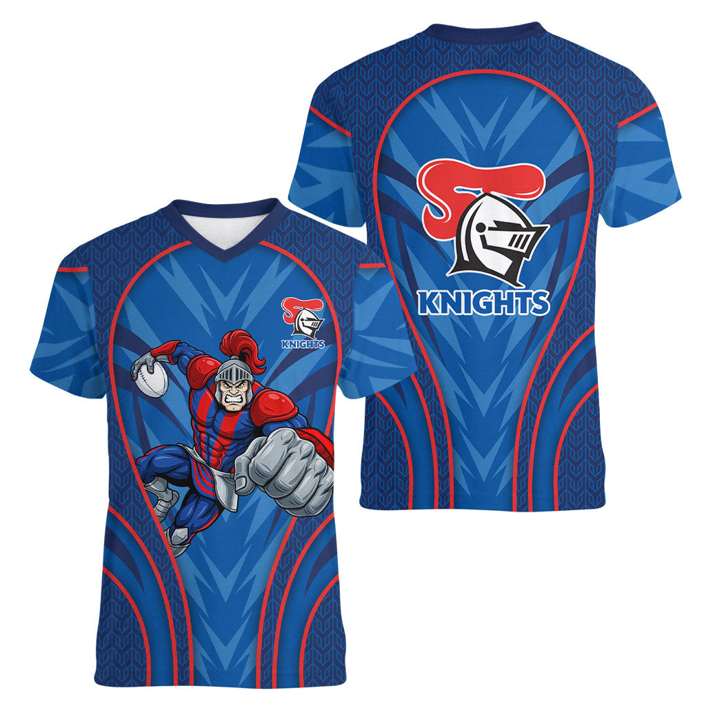 Newcastle Knights Rugby Mascot Women V-Neck T-Shirt Australian Rugby Culture - Tribal Inspired Knight Warrior