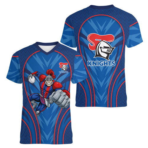 Newcastle Knights Rugby Mascot Women V-Neck T-Shirt Australian Rugby Culture - Tribal Inspired Knight Warrior