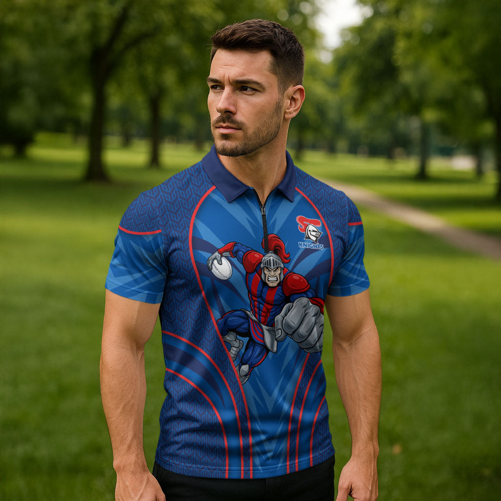 Newcastle Knights Rugby Mascot Zipper Polo Shirt Australian Rugby Culture - Tribal Inspired Knight Warrior