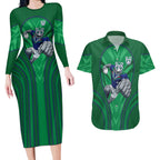 New Zealand Warriors Rugby Mascot Couples Matching Long Sleeve Bodycon Dress and Hawaiian Shirt Australian Rugby Culture - Tribal Inspired Warrior