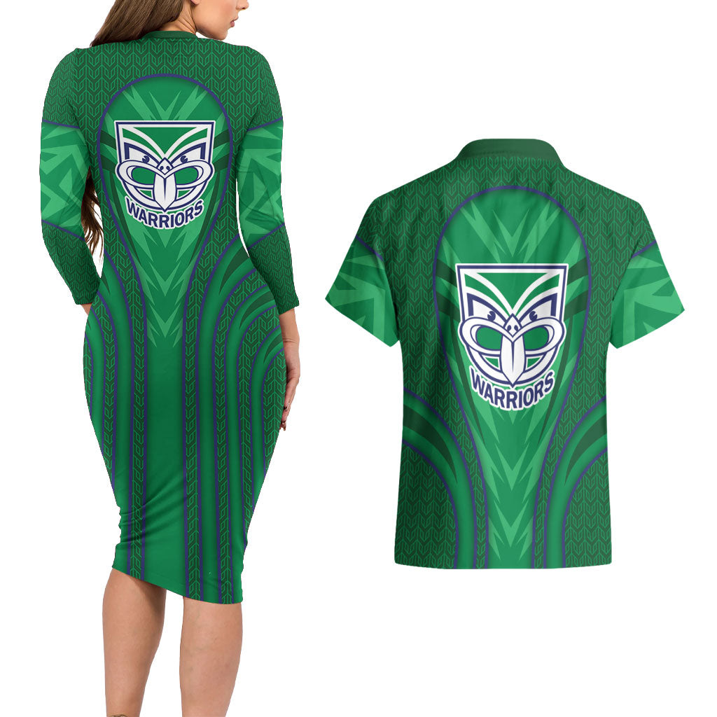 New Zealand Warriors Rugby Mascot Couples Matching Long Sleeve Bodycon Dress and Hawaiian Shirt Australian Rugby Culture - Tribal Inspired Warrior