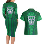 New Zealand Warriors Rugby Mascot Couples Matching Long Sleeve Bodycon Dress and Hawaiian Shirt Australian Rugby Culture - Tribal Inspired Warrior
