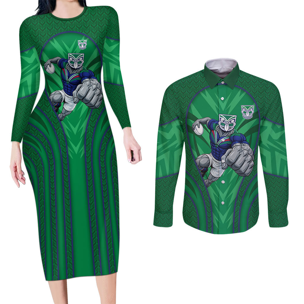 New Zealand Warriors Rugby Mascot Couples Matching Long Sleeve Bodycon Dress and Long Sleeve Button Shirt Australian Rugby Culture - Tribal Inspired Warrior