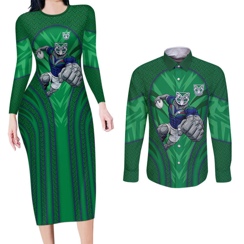 New Zealand Warriors Rugby Mascot Couples Matching Long Sleeve Bodycon Dress and Long Sleeve Button Shirt Australian Rugby Culture - Tribal Inspired Warrior
