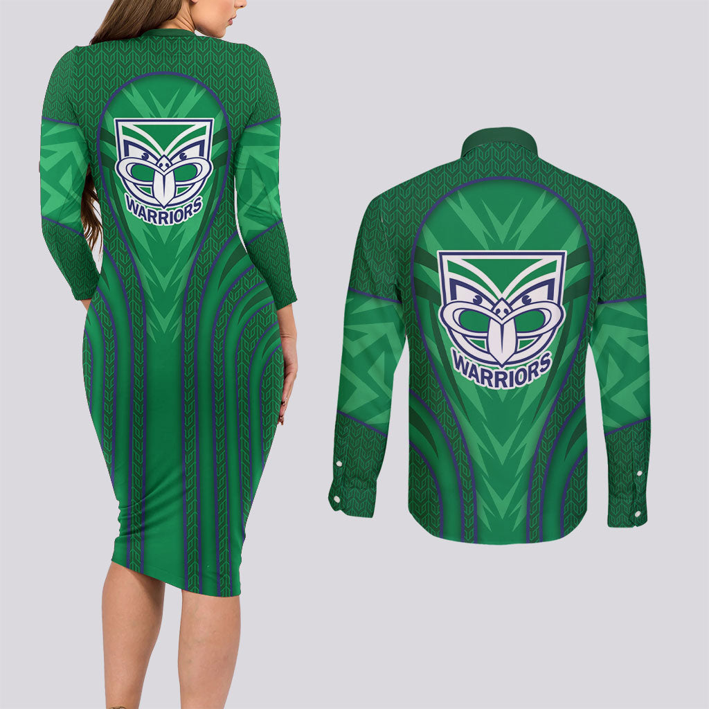 New Zealand Warriors Rugby Mascot Couples Matching Long Sleeve Bodycon Dress and Long Sleeve Button Shirt Australian Rugby Culture - Tribal Inspired Warrior