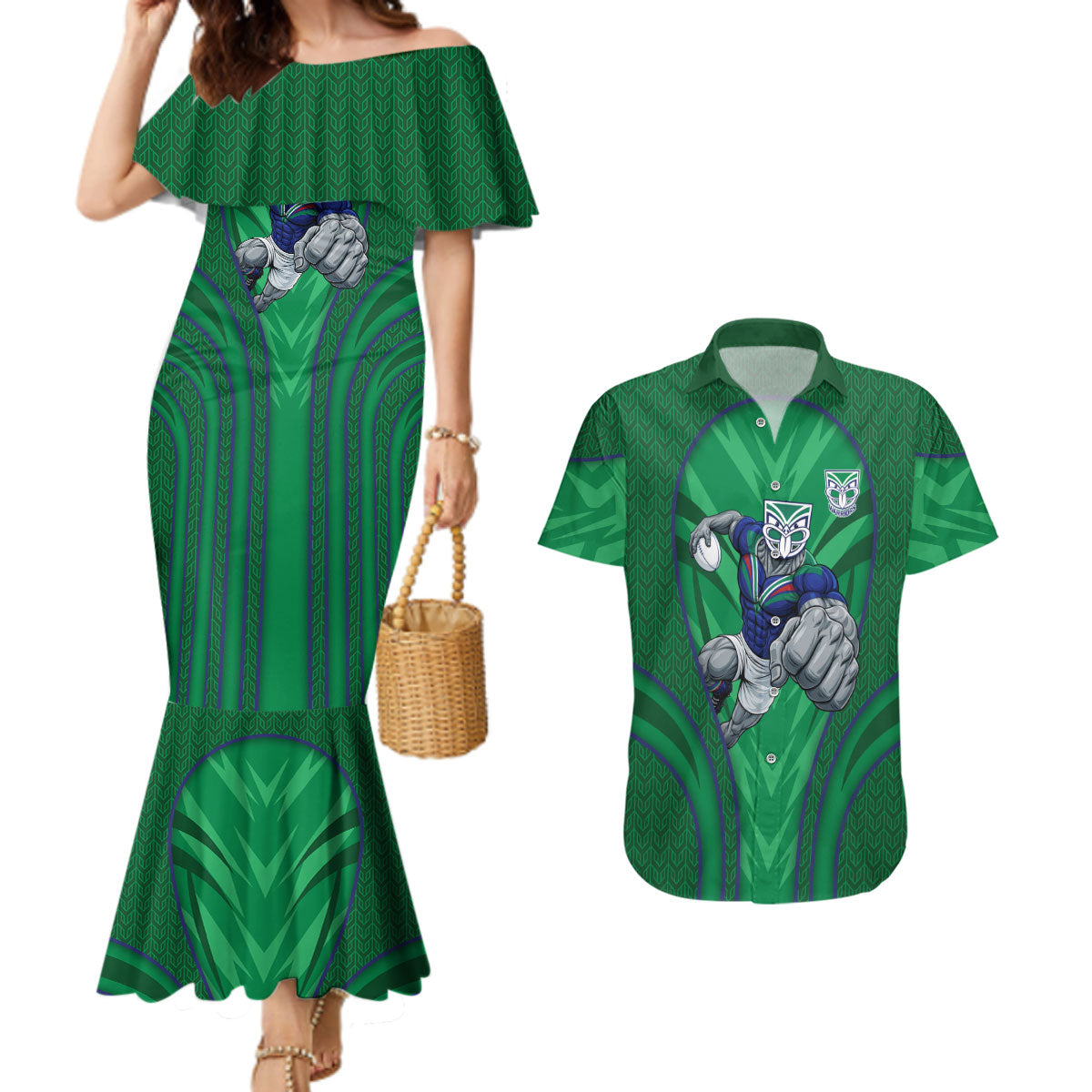New Zealand Warriors Rugby Mascot Couples Matching Mermaid Dress and Hawaiian Shirt Australian Rugby Culture - Tribal Inspired Warrior