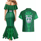 New Zealand Warriors Rugby Mascot Couples Matching Mermaid Dress and Hawaiian Shirt Australian Rugby Culture - Tribal Inspired Warrior