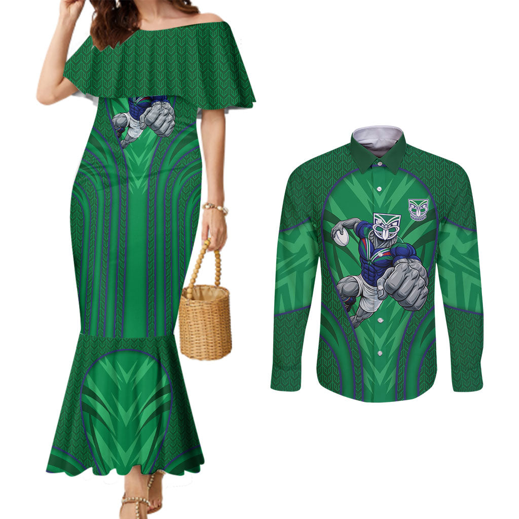 New Zealand Warriors Rugby Mascot Couples Matching Mermaid Dress and Long Sleeve Button Shirt Australian Rugby Culture - Tribal Inspired Warrior