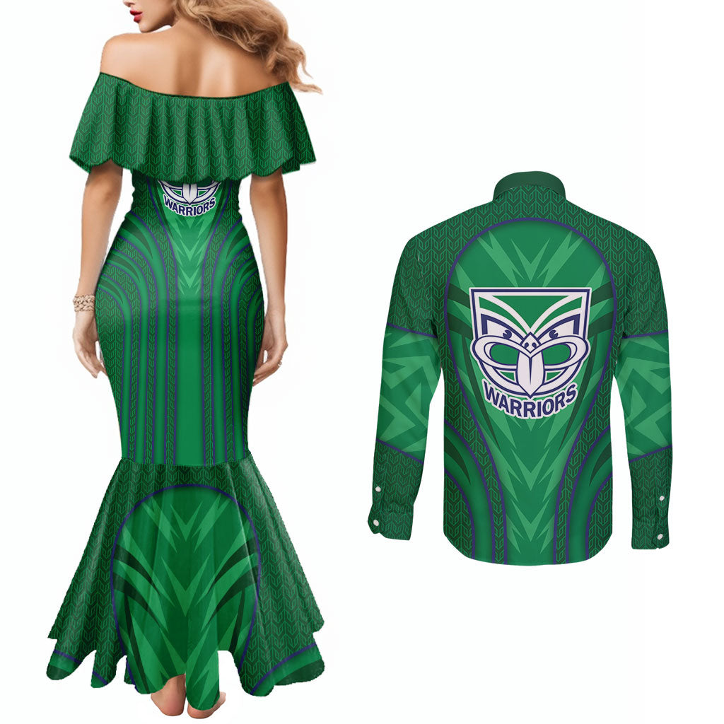 New Zealand Warriors Rugby Mascot Couples Matching Mermaid Dress and Long Sleeve Button Shirt Australian Rugby Culture - Tribal Inspired Warrior