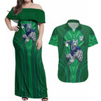 New Zealand Warriors Rugby Mascot Couples Matching Off Shoulder Maxi Dress and Hawaiian Shirt Australian Rugby Culture - Tribal Inspired Warrior