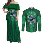 New Zealand Warriors Rugby Mascot Couples Matching Off Shoulder Maxi Dress and Long Sleeve Button Shirt Australian Rugby Culture - Tribal Inspired Warrior