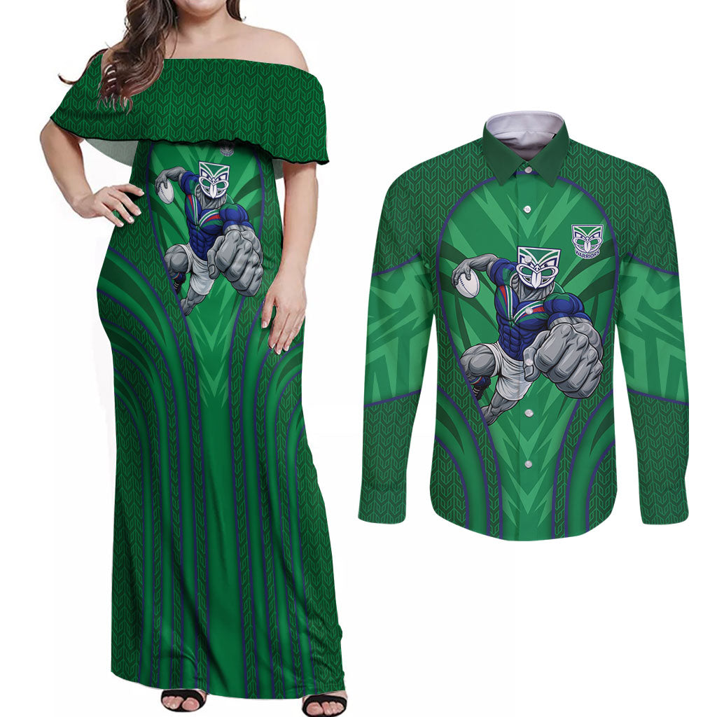 New Zealand Warriors Rugby Mascot Couples Matching Off Shoulder Maxi Dress and Long Sleeve Button Shirt Australian Rugby Culture - Tribal Inspired Warrior
