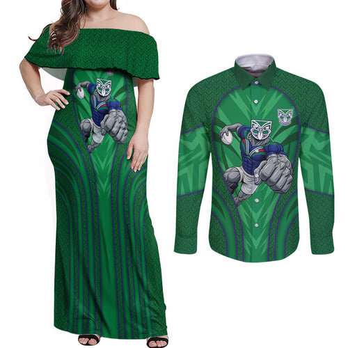 New Zealand Warriors Rugby Mascot Couples Matching Off Shoulder Maxi Dress and Long Sleeve Button Shirt Australian Rugby Culture - Tribal Inspired Warrior