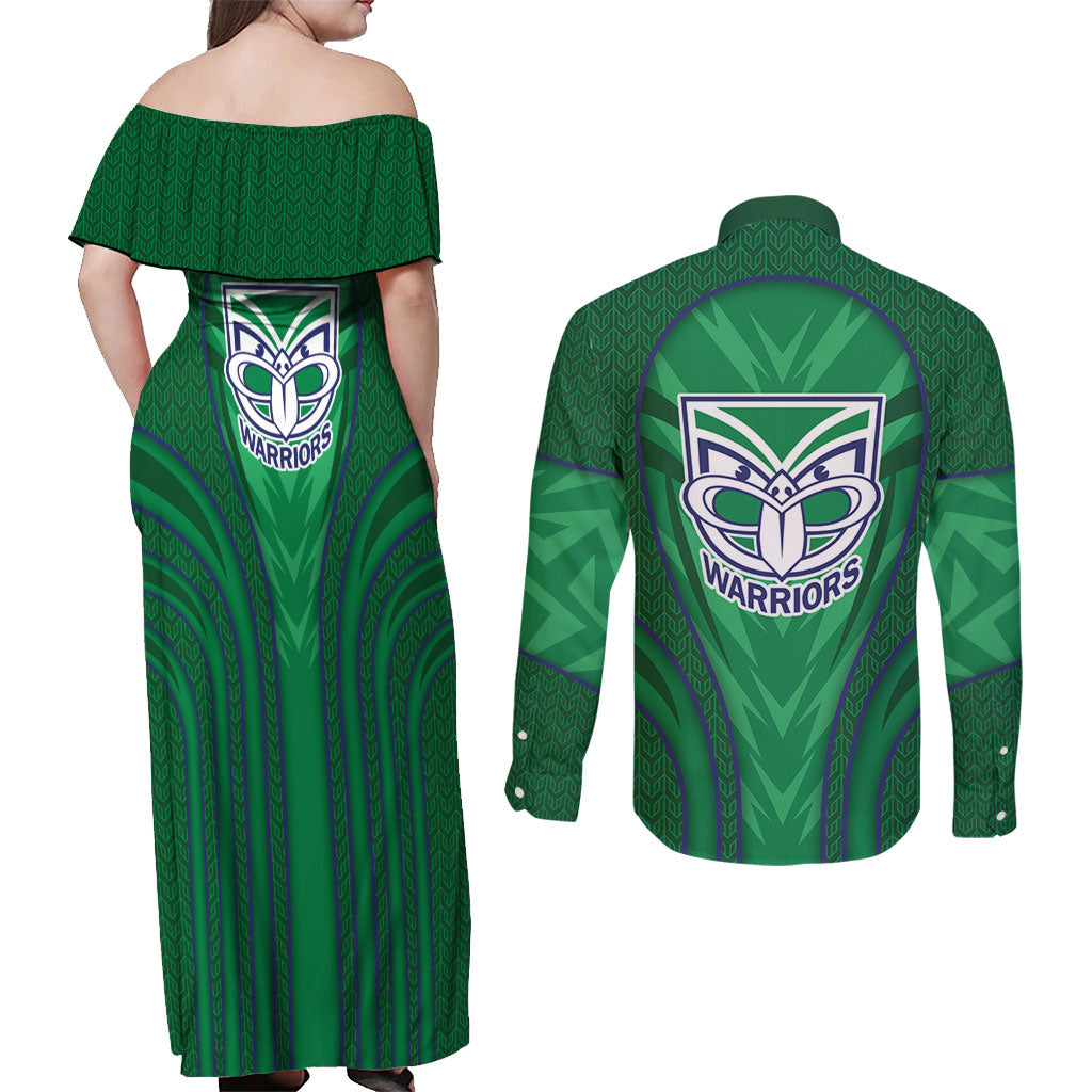 New Zealand Warriors Rugby Mascot Couples Matching Off Shoulder Maxi Dress and Long Sleeve Button Shirt Australian Rugby Culture - Tribal Inspired Warrior