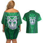 New Zealand Warriors Rugby Mascot Couples Matching Off Shoulder Short Dress and Hawaiian Shirt Australian Rugby Culture - Tribal Inspired Warrior