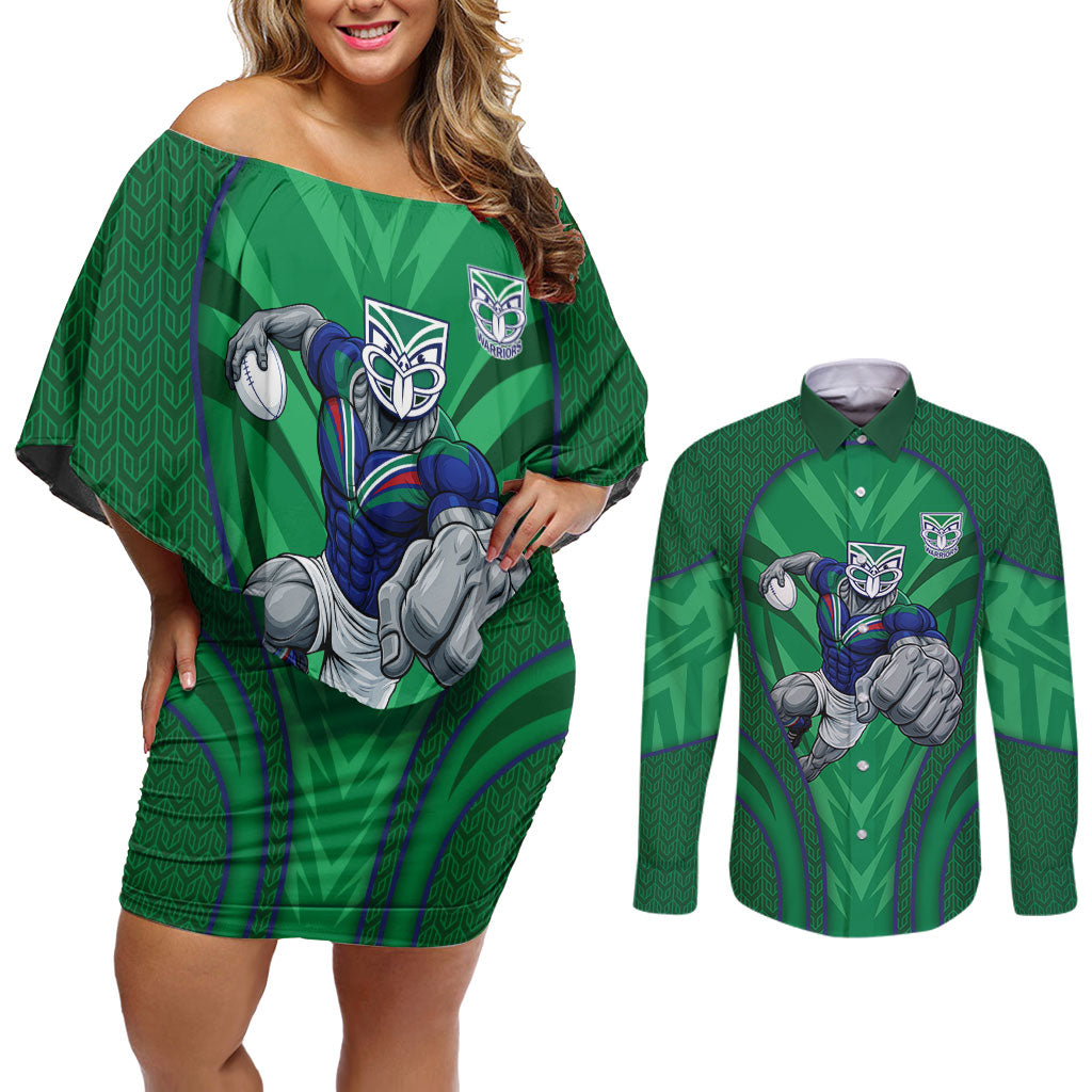 New Zealand Warriors Rugby Mascot Couples Matching Off Shoulder Short Dress and Long Sleeve Button Shirt Australian Rugby Culture - Tribal Inspired Warrior