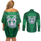 New Zealand Warriors Rugby Mascot Couples Matching Off Shoulder Short Dress and Long Sleeve Button Shirt Australian Rugby Culture - Tribal Inspired Warrior