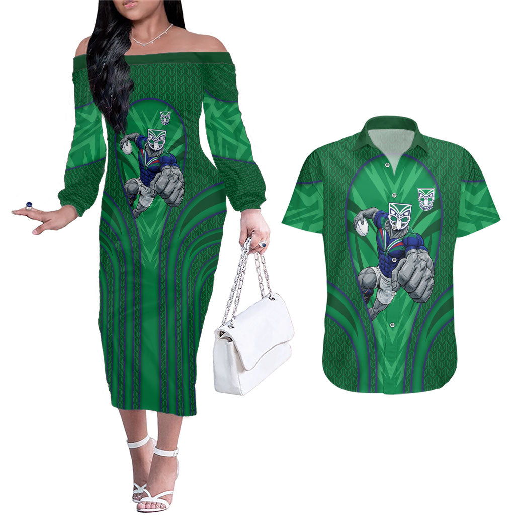 New Zealand Warriors Rugby Mascot Couples Matching Off The Shoulder Long Sleeve Dress and Hawaiian Shirt Australian Rugby Culture - Tribal Inspired Warrior