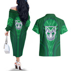 New Zealand Warriors Rugby Mascot Couples Matching Off The Shoulder Long Sleeve Dress and Hawaiian Shirt Australian Rugby Culture - Tribal Inspired Warrior