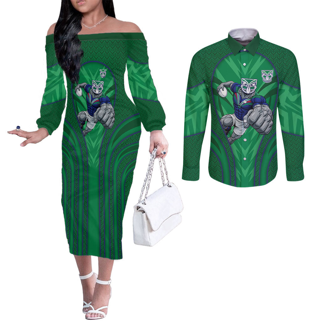 New Zealand Warriors Rugby Mascot Couples Matching Off The Shoulder Long Sleeve Dress and Long Sleeve Button Shirt Australian Rugby Culture - Tribal Inspired Warrior