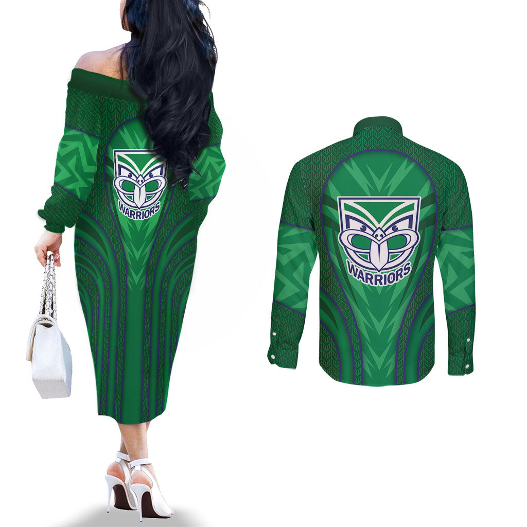 New Zealand Warriors Rugby Mascot Couples Matching Off The Shoulder Long Sleeve Dress and Long Sleeve Button Shirt Australian Rugby Culture - Tribal Inspired Warrior