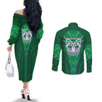 New Zealand Warriors Rugby Mascot Couples Matching Off The Shoulder Long Sleeve Dress and Long Sleeve Button Shirt Australian Rugby Culture - Tribal Inspired Warrior