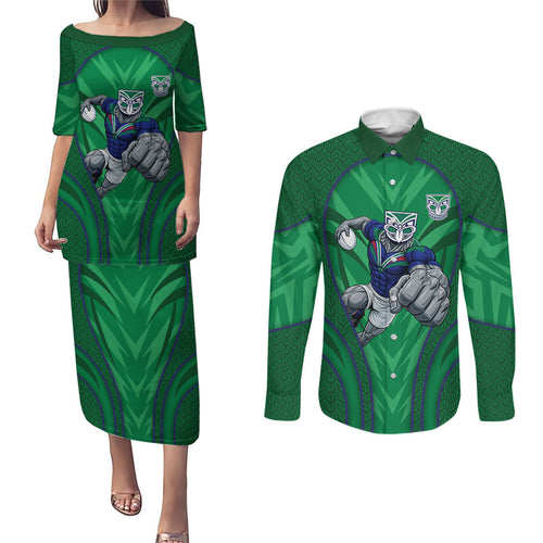 New Zealand Warriors Rugby Mascot Couples Matching Puletasi and Long Sleeve Button Shirt Australian Rugby Culture - Tribal Inspired Warrior