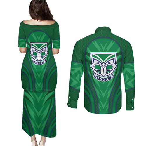 New Zealand Warriors Rugby Mascot Couples Matching Puletasi and Long Sleeve Button Shirt Australian Rugby Culture - Tribal Inspired Warrior