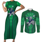 New Zealand Warriors Rugby Mascot Couples Matching Short Sleeve Bodycon Dress and Long Sleeve Button Shirt Australian Rugby Culture - Tribal Inspired Warrior