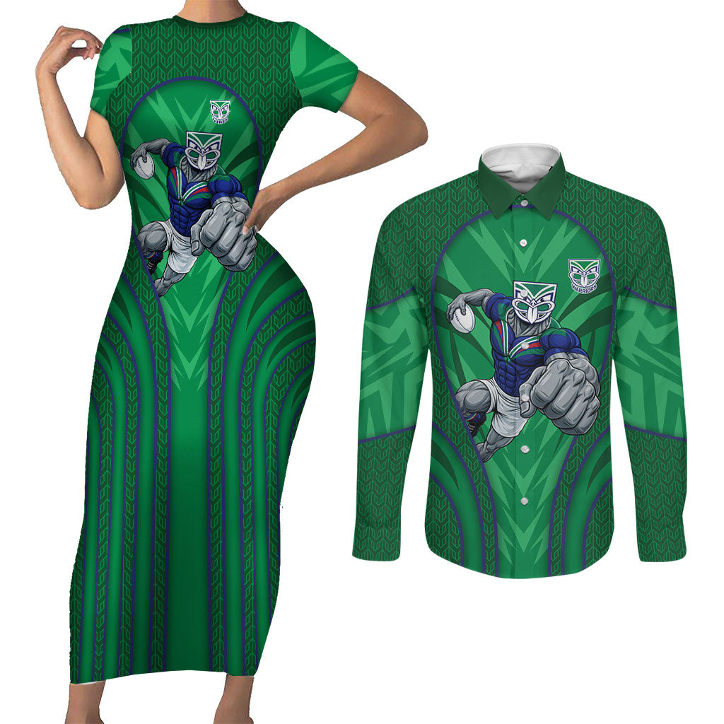 New Zealand Warriors Rugby Mascot Couples Matching Short Sleeve Bodycon Dress and Long Sleeve Button Shirt Australian Rugby Culture - Tribal Inspired Warrior
