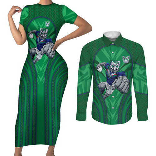 New Zealand Warriors Rugby Mascot Couples Matching Short Sleeve Bodycon Dress and Long Sleeve Button Shirt Australian Rugby Culture - Tribal Inspired Warrior