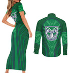 New Zealand Warriors Rugby Mascot Couples Matching Short Sleeve Bodycon Dress and Long Sleeve Button Shirt Australian Rugby Culture - Tribal Inspired Warrior