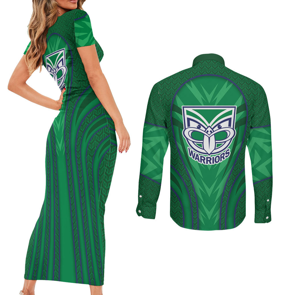 New Zealand Warriors Rugby Mascot Couples Matching Short Sleeve Bodycon Dress and Long Sleeve Button Shirt Australian Rugby Culture - Tribal Inspired Warrior